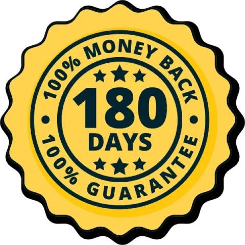 Risk-free 180-day money-back guarantee providing customer protection and purchase confidence